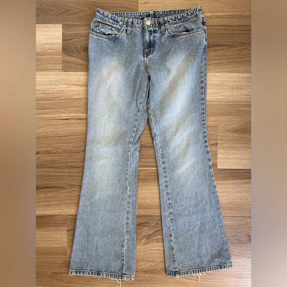 Vintage 90s Y2K Bongo Distressed Faded Blue Flare Jeans Size 9 - Picture 1 of 12